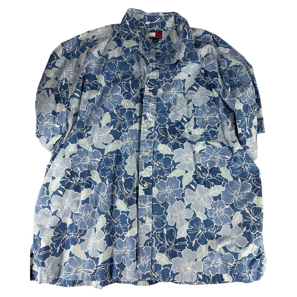 Vintage Tommy Hilfiger Hawaiian shirt mens XXL Blue SS Button Up Beachwear